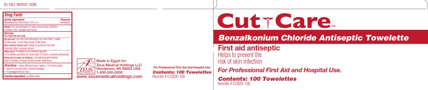 PRINCIPAL DISPLAY PANEL
NDC 53439-130-10
Cut Care
Benzalkonium Chloride Antiseptic Towelette
First aid antiseptic
Contents: 100 Towelettes
