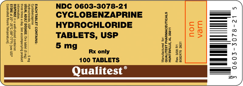 This is an image of the label for 5 mg Cyclobenzaprine HCl Tablets.