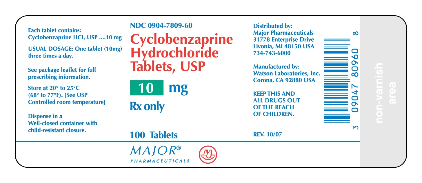 NDC 0904-7809-60 Cyclobenzaprine Hydrochloride Tablets, USP 10mg Rx Only 100 tablets