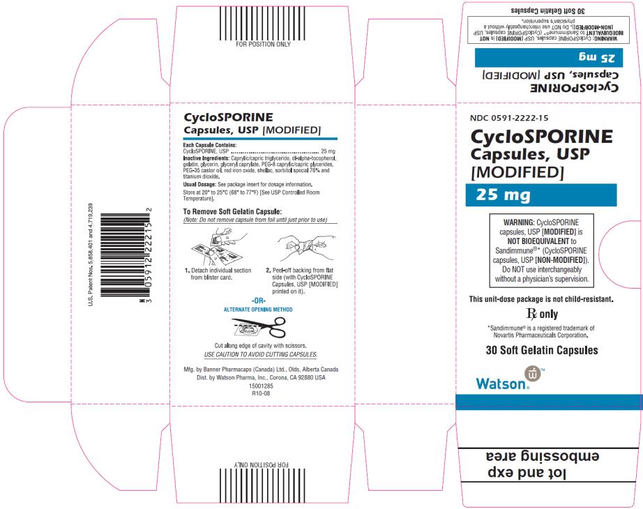 PRINCIPAL DISPLAY PANEL NDC 0591-2222-15 CycloSPORINE Capsules, USP [MODIFIED] 25 mg WARNING: CycloSPORINE capsules, USP [MODIFIED] is NOT BIOEQUIVALENT to Sandimmune®* (CycloSPORINE capsules, USP [NON-MODIFIED]). Do NOT use interchangeably without a physician’s supervision. This unit-dose package is not child-resistant. Rx only *Sandimmune® is a registered trademark of Novartis Pharmaceuticals Corporation. 30 Soft Gelatin Capsules Watson®