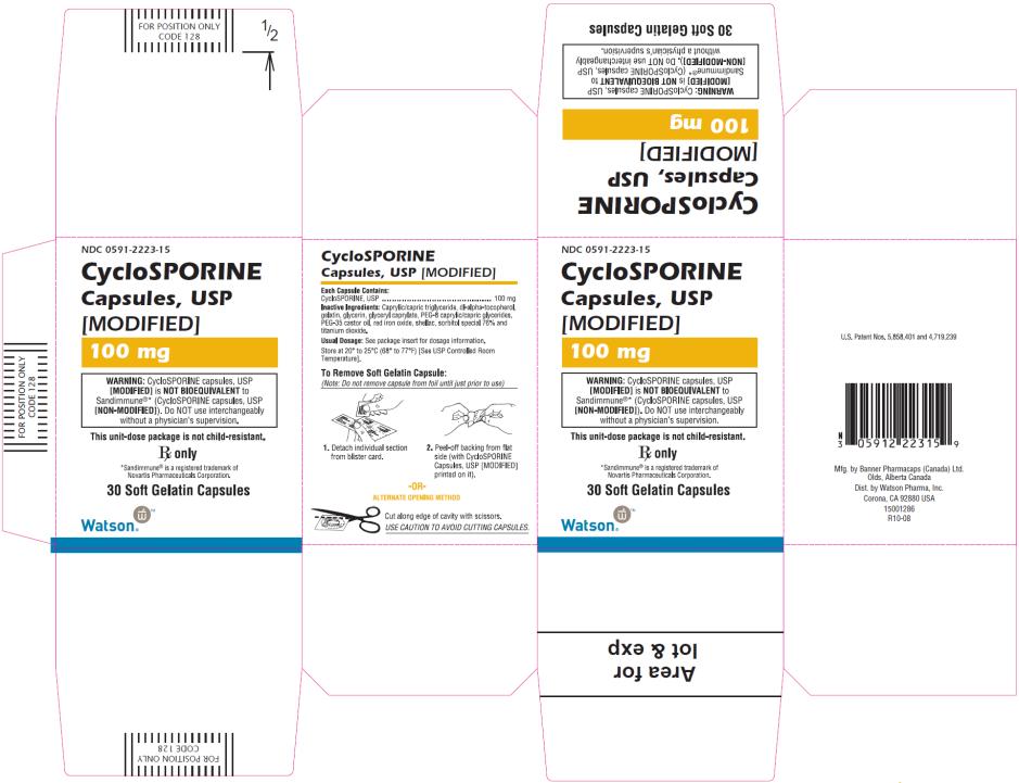 PRINCIPAL DISPLAY PANEL NDC 0591-2223-15 CycloSPORINE Capsules, USP [MODIFIED] 100 mg WARNING: CycloSPORINE capsules, USP [MODIFIED] is NOT BIOEQUIVALENT to Sandimmune®* (CycloSPORINE capsules, USP [NON-MODIFIED]). Do NOT use interchangeably without a physician’s supervision. This unit-dose package is not child-resistant. Rx only *Sandimmune® is a registered trademark of Novartis Pharmaceuticals Corporation. 30 Soft Gelatin Capsules Watson®
