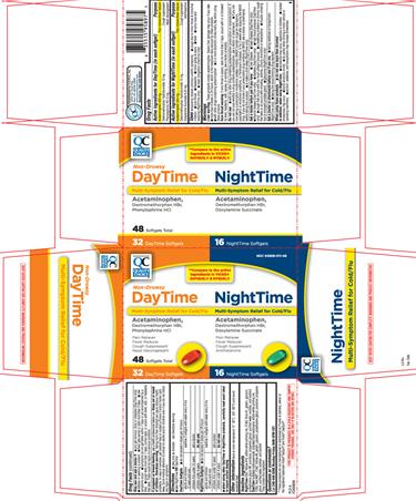 Daytime: Acetaminophen 325 mg, Dextromethorphan HBr 15 mg, Phenylephrine HCl 5 mg; Nighttime: Acetaminophen 325 mg, Dextromethorphan HBr 10 mg, Doxylamine succinate 6.25 mg