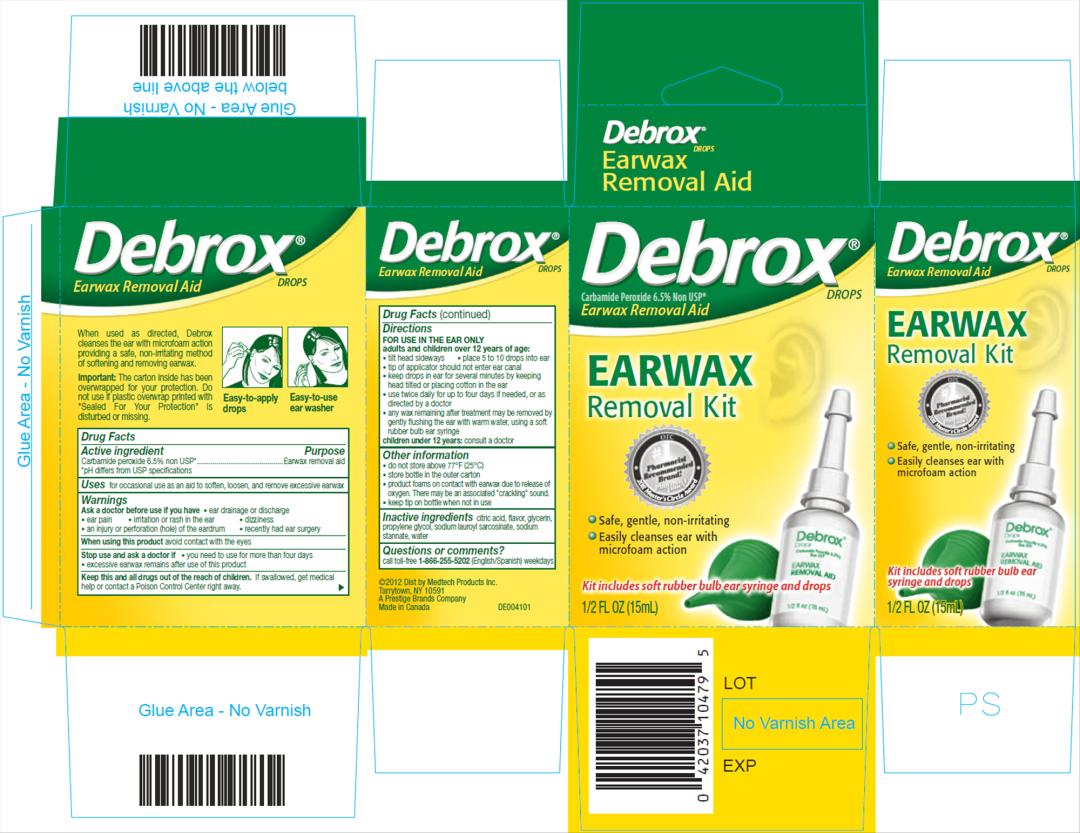 PRINCIPAL DISPLAY PANEL
Debrox DROPS
Carbamide Peroxide 6.5% Non USP*
Earwax Removal Aid
Kit includes soft rubber bulb ear syringe and drops
½ FL OZ (15mL)