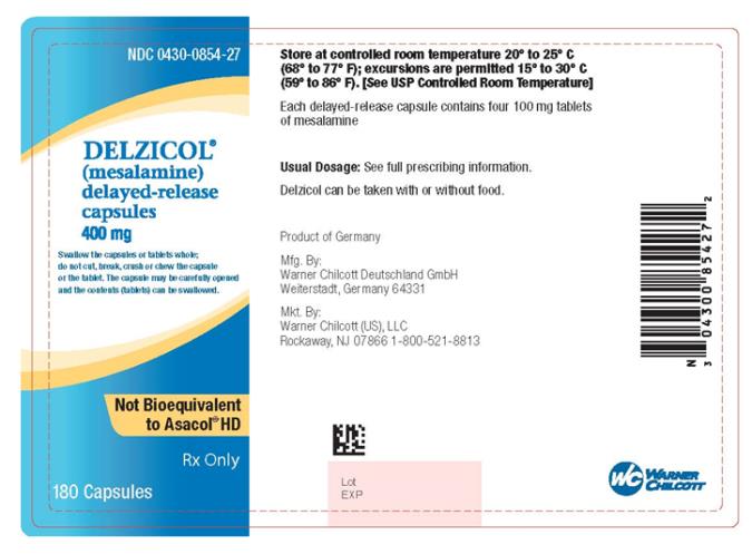 PRINCIPAL DISPLAY PANEL
DELZICOL® (mesalamine) delayed-release capsules 400 mg
NDC 0430-0854-27
Bottle Label x 180 Capsules
