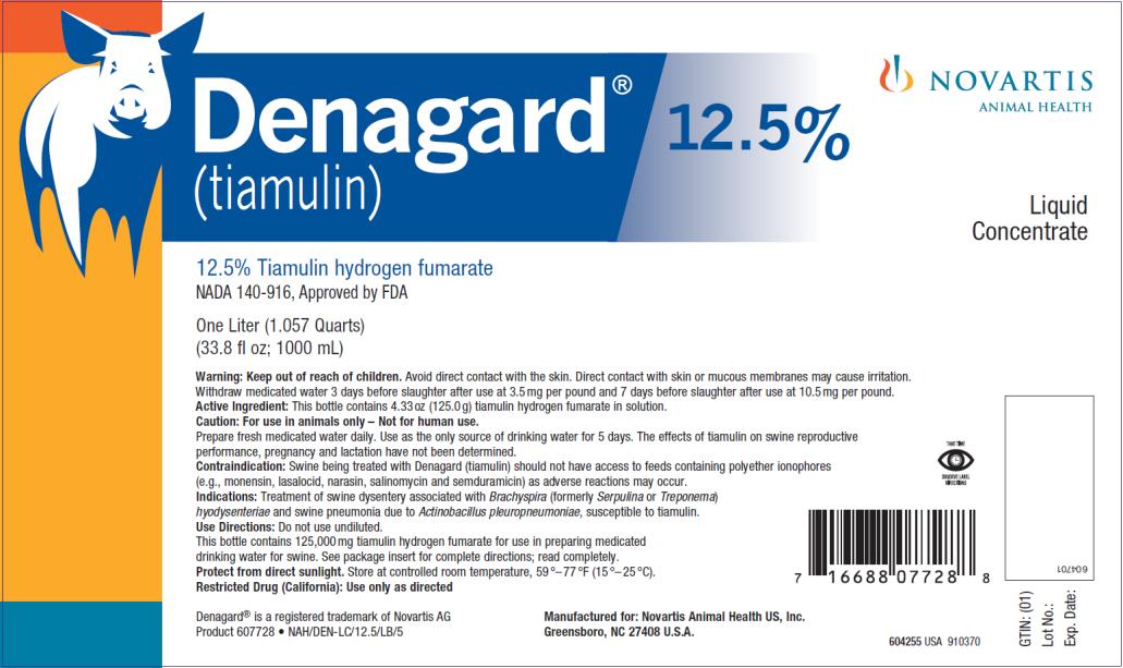 Denagard® 
(tiamulin hydrogen fumarate)
Liquid Concentrate
12.5% Tiamulin
hydrogen fumarate
NADA 140-916,
Approved by FDA
Five Liter (5.285 Quarts)
(169 fl oz; 5000 mL)
NOVARTIS
ANIMAL HEALTH 
