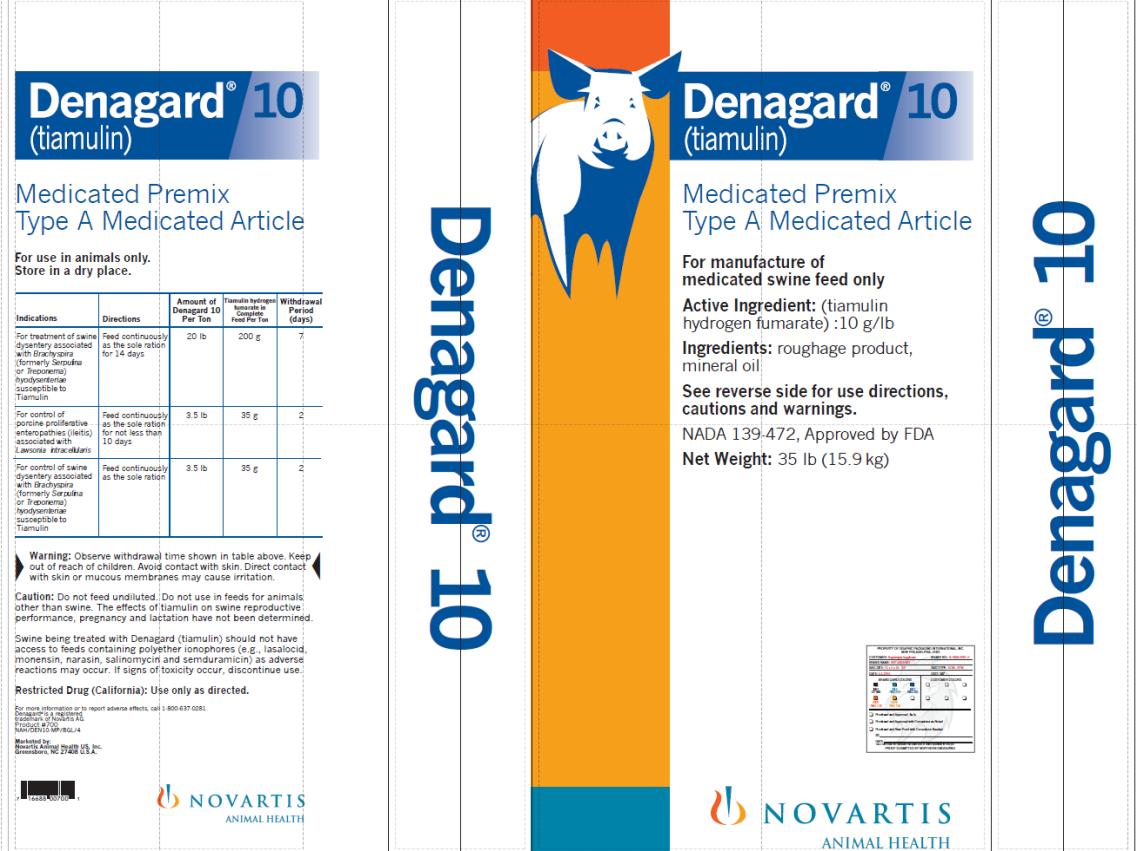 Principal Display Panel
Denagard® 10 (tiamulin)
Medicated Premix Type A Medicated Article
Net Weight: 35 lb (15.9 kg)
NOVARTIS ANIMAL HEALTH 
