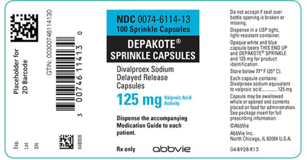 NDC 0074–6114–13 
100 Sprinkle Capsules 
DEPAKOTE® SPRINKLE CAPSULES 
Divalproex Sodium Delayed Release Capsules 
125 mg Valproic Acid Activity 
Dispense the accompanying Medication Guide to each patient. 
Rx only abbvie 
