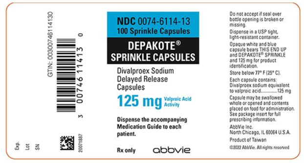 NDC 0074–6114–13 
100 Sprinkle Capsules 
DEPAKOTE® SPRINKLE CAPSULES 
Divalproex Sodium Delayed Release Capsules 
125 mg Valproic Acid Activity 
Dispense the accompanying Medication Guide to each patient. 
Rx only abbvie 
