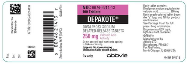 NDC 0074-6214-53 
No image available

NDC 0074-6214-13 
100 Tablets 
DEPAKOTE®
DIVALPROEX SODIUM DELAYED-RELEASE TABLETS 
250 mg Valproic Acid Activity 
Do not accept if seal over bottle opening is broken or missing. 
Dispense the accompanying Medication Guide to each patient.
Rx only abbvie
