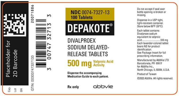 NDC 0074-7327-13 
100 Tablets 
DEPAKOTE®
DIVALPROEX SODIUM DELAYED-RELEASE TABLETS 
500 mg Valproic Acid Activity 
Dispense the accompanying Medication Guide to each patient. 
Rx only  abbvie
