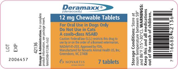 PRINCIPAL DISPLAY PANEL
Deramaxx® (deracoxib)
12 mg chewable tablets
For Oral Use in Dogs Only
Do Not Use in Cats
A coxib-class NSAID
For Use in Dogs Only
NADA#141-203, Approved by FDA.
100 mg
NAH/DXB-T/12//BL-7 ct/2

