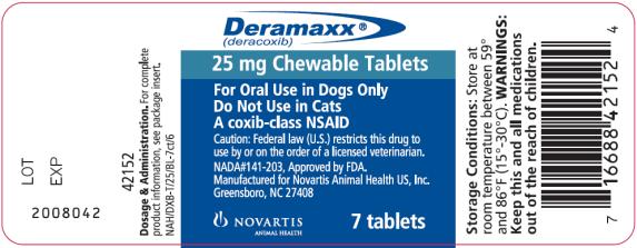 PRINCIPAL DISPLAY PANEL
Deramaxx® (deracoxib)
7 chewable tablets
A coxib-class NSAID
For Use in Dogs Only
NADA#141-203, Approved by FDA.
25 mg
NAH/DXB-T/7 ct/25/BL/4
