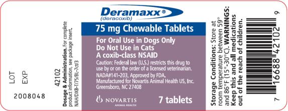 PRINCIPAL DISPLAY PANEL
Deramaxx® (deracoxib)
7 chewable tablets
A coxib-class NSAID
For Use in Dogs Only
NADA#141-203, Approved by FDA.
75 mg
NAH/DXB-T/75/BL-7 ct/2
