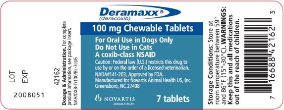 PRINCIPAL DISPLAY PANEL
Deramaxx® (deracoxib)
7 chewable tablets
A coxib-class NSAID
For Use in Dogs Only
NADA#141-203, Approved by FDA.
100 mg
NAH/DXB-T/7 ct/100/BL/4
