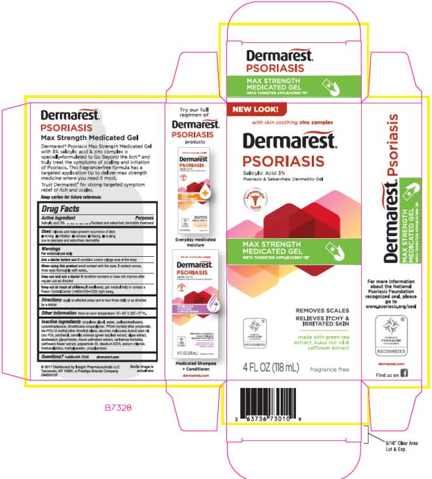 PRINCIPAL DISPLAY PANEL 
- 118 ml Bottle Carton
With 
Scalp Repair
Zinc Complex
DERMAREST®
Psoriasis
MEDICATED
SCALP
TREATMENT
SALICYLIC ACID 3%
PSORIASIS AND
SEBORRHEIC DERMATITIS GEL
HELPS ELIMINATE
SCALP ITCH
Removes and controls
crusty build-up
∙ Soothes scalp irritation
∙ Restores moisture
With natural
extracts
LEADER IN PSORIASIS 
ECZEMA RELIEF
4 FL OZ (118 ml)
 
