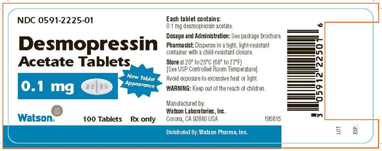 NDC 0591-2225-01 Desmopressin Acetate Tablets 0.1 mg New Tablet Appearance Watson 100 Tablets Rx only