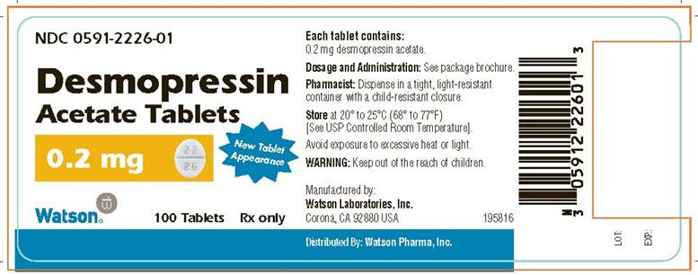NDC 0591-2226-01 Desmopressin Acetate Tablets 0.2 mg New Tablet Appearance Watson 100 Tablets Rx Only