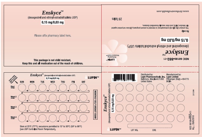 Enskyce
(desogestrel and ethinyl estradiol Tablets USP) 
0.15 mg/0.03 mg 
Rx Only
NDC 68180-882-11
																																			Wallet Label: 28 Tablets