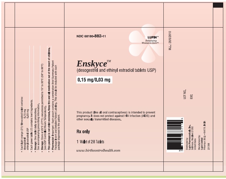 Enskyce
(desogestrel and ethinyl estradiol Tablets USP) 
0.15 mg/0.03 mg 
Rx Only
NDC 68180-882-11
																																			Pouch Label: 1 Wallet of 28 Tablets