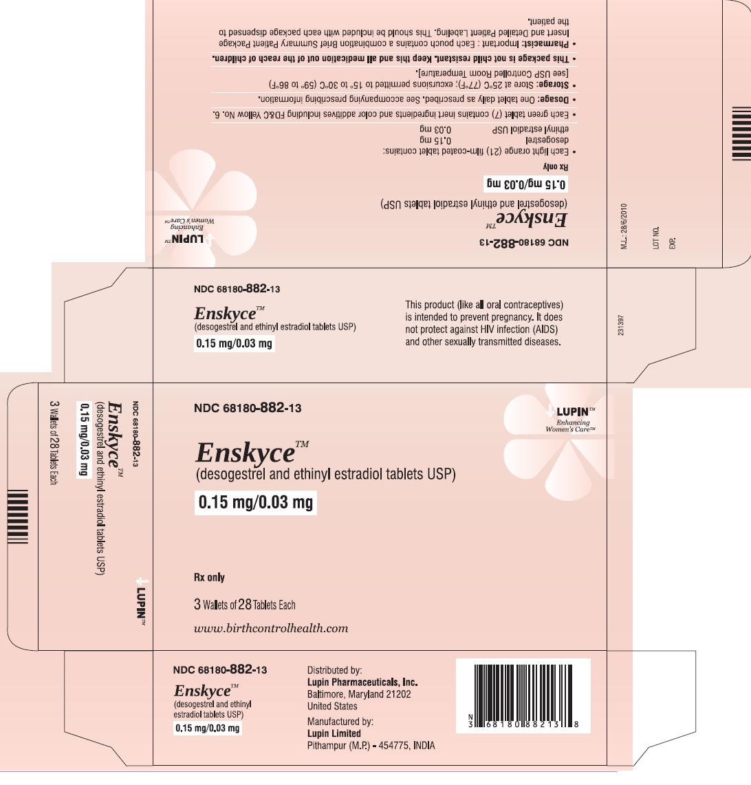Enskyce
(desogestrel and ethinyl estradiol Tablets USP) 
0.15 mg/0.03 mg 
Rx Only
NDC 68180-882-13
																																			Carton Label: 3 Wallet of 28 Tablets Each