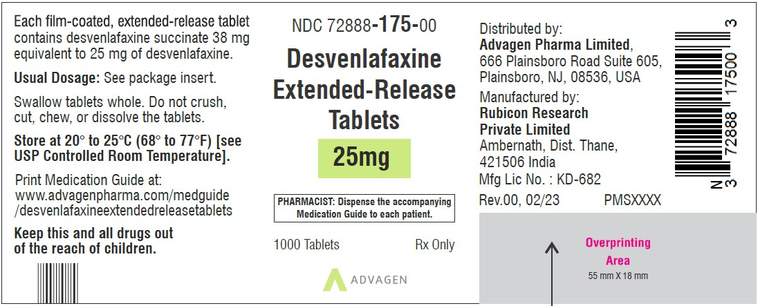 Desvenlafaxine Extended-Release Tablets 25 mg - NDC 72888-175-00- 1000 Tablets Label