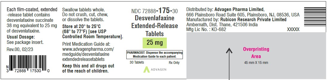 Desvenlafaxine Extended-Release Tablets 25 mg - NDC 72888-175-30- 30 Tablets Label