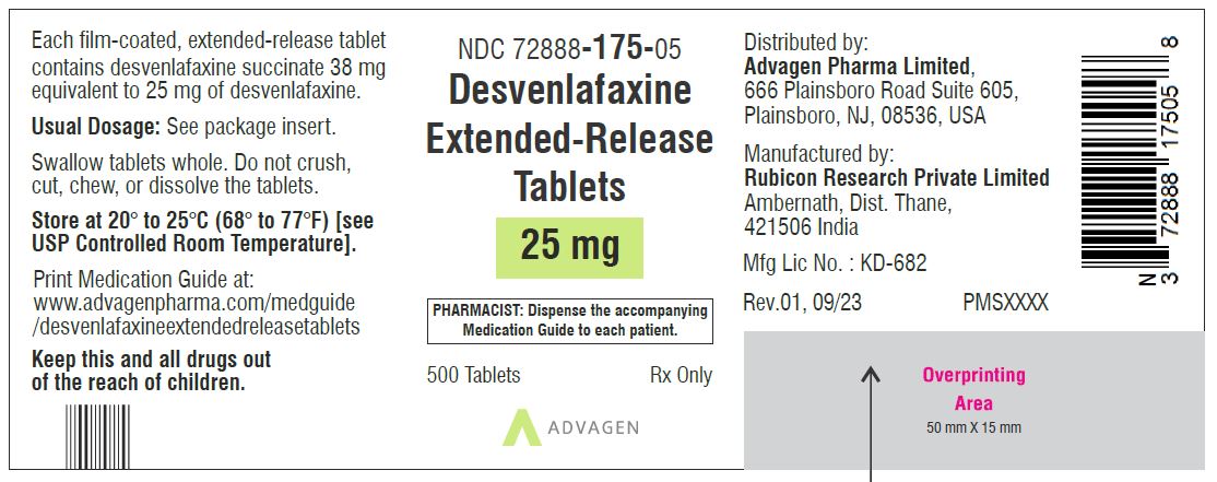 Desvenlafaxine Extended-Release Tablets 25 mg - NDC 72888-175-05- 500 Tablets Label