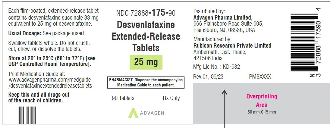 Desvenlafaxine Extended-Release Tablets 25 mg - NDC 72888-175-90- 90 Tablets Label