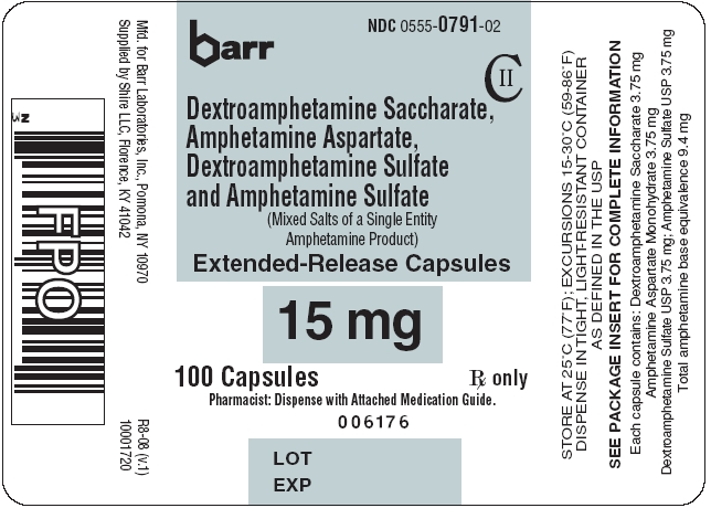 Dextroamphetamine Saccharate, Amphetamine Aspartate, Dextroamphetamine Sulfate and Amphetamine Sulfate ER Capsules 15 mg 100s Label