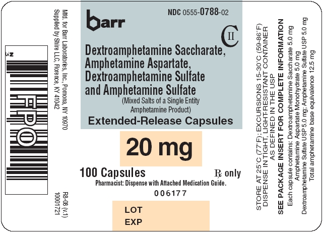 Dextroamphetamine Saccharate, Amphetamine Aspartate, Dextroamphetamine Sulfate and Amphetamine Sulfate ER Capsules 20 mg 100s Label
