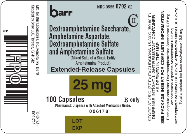 Dextroamphetamine Saccharate, Amphetamine Aspartate, Dextroamphetamine Sulfate and Amphetamine Sulfate ER Capsules 25 mg 100s Label