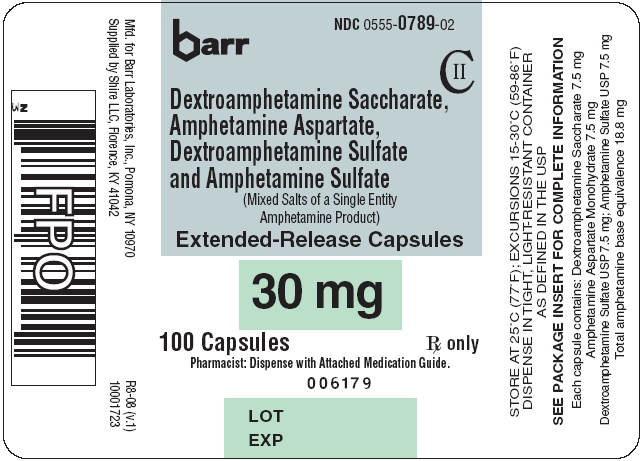 Dextroamphetamine Saccharate, Amphetamine Aspartate, Dextroamphetamine Sulfate and Amphetamine Sulfate ER Capsules 30 mg 100s Label
