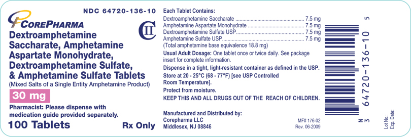 Container Label - Dextroamphetamine Saccharate, Amphetamine Aspartate Monohydrate, Dextroamphetamine Sulfate, & Amphetamine Sulfate Tablets 30 mg
