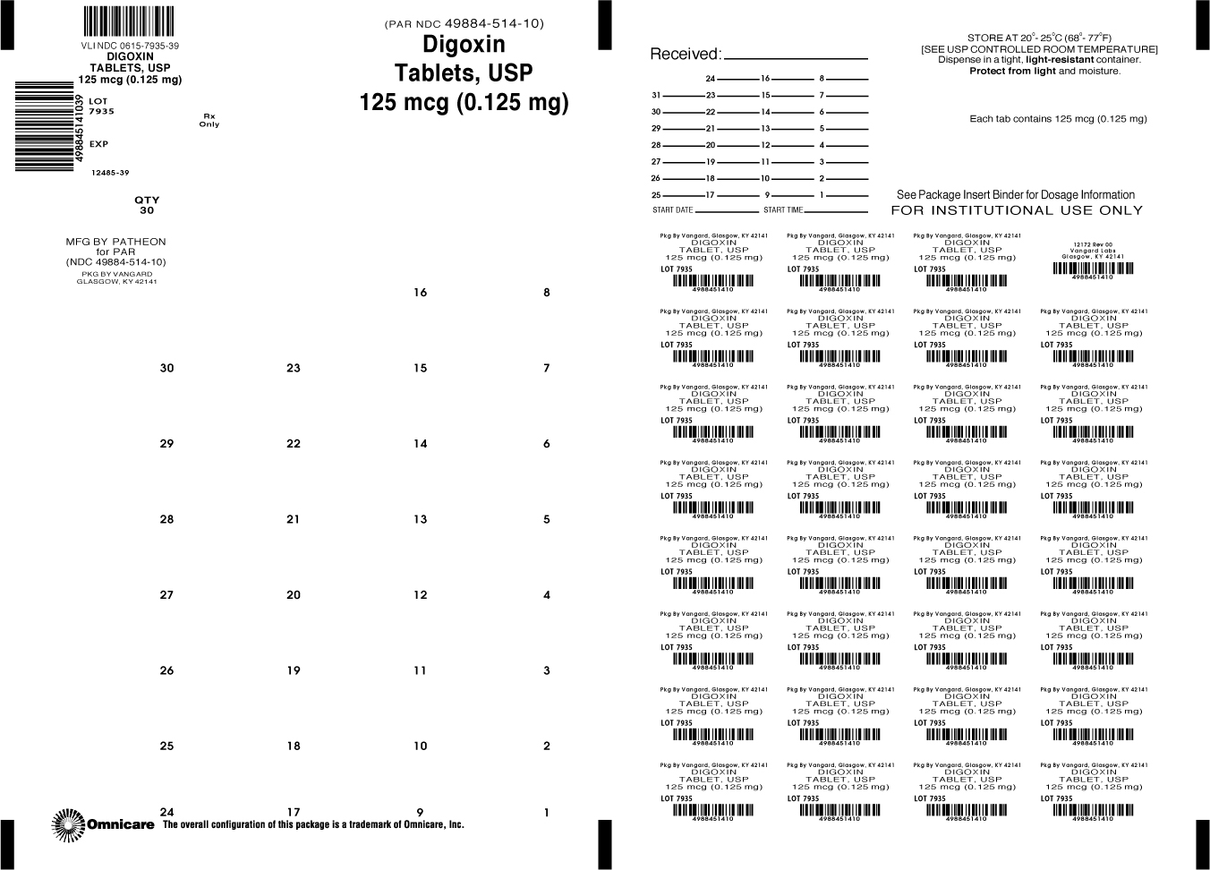 Digoxin Tablet, USP 125mcg (0.125mg) Bingo Card