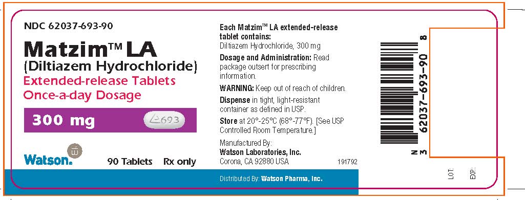 NDC 62037-691-90
Matzim™ LA
(Diltiazem Hydrochloride)
Extended-release Tablets
Once-a-day Dosage
180 mg 
Watson   90 Tablets     Rx only


