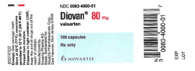 PRINCIPAL DISPLAY PANEL
Package Label – 80 mg
Rx Only		NDC 0083-4000-01
Diovan® 
valsartan 
80 mg
100 capsules