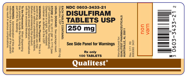 This is an image of the label for Disulfiram Tablets USP 250 mg 100 count.