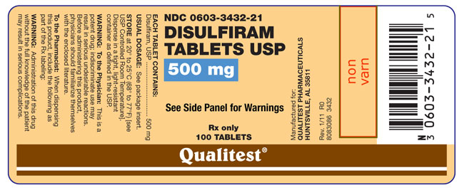 This is an image of the label for Disulfiram Tablets USP 500 mg 100 count.