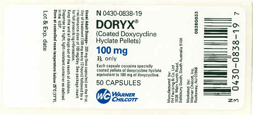 PRINCIPAL DISPLAY PANEL
NDC 0430-0838-19
DORYX
(Coated Doxycycline 
Hyclate Pellets)
100 mg
50 Capsules
Rx Only
