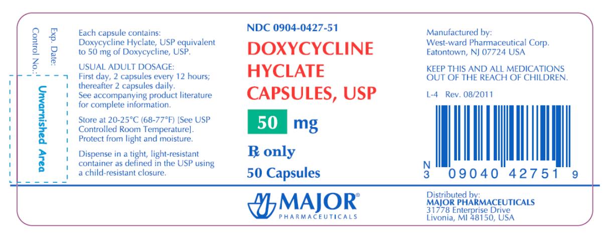 NDC 0904-0427-51
DOXYCYCLINE HYCLATE
CAPSULES, USP
50 mg
Rx Only
50 Capsules
MAJOUR PHARMACEUTICALS
