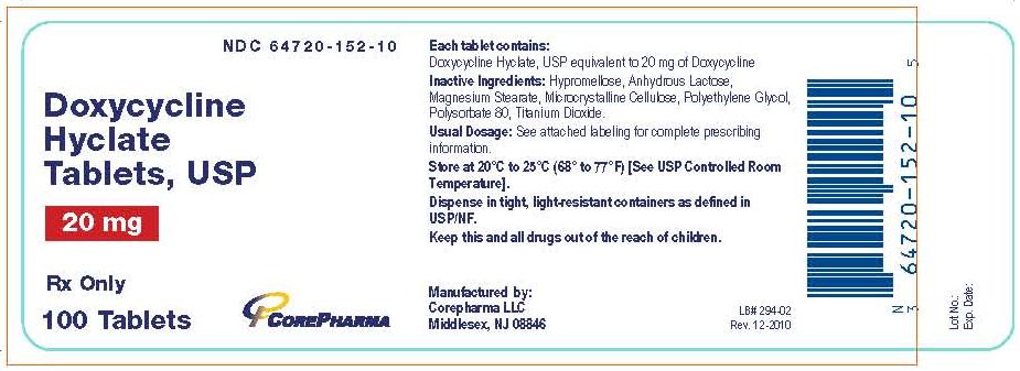 Doxycycline Hyclate Tablets, USP
20 mg - Bottles of 100 Tablets
NDC 64720-152-10