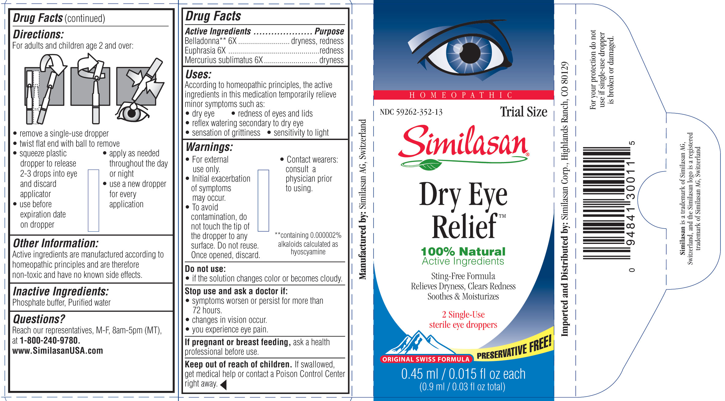 Homeopathic NDC 59262-352-13 Similasan Dry Eye Relief Preservative Free 2 Single-Use sterile eye drops 0.45 ml/ 0.015 fl oz each