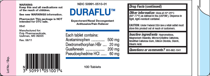 NDC 50991-0510-01 DURAFLU™ Expectorant/ Nasal Decongestant Antitussive/Pain Reliever 100 Tablets