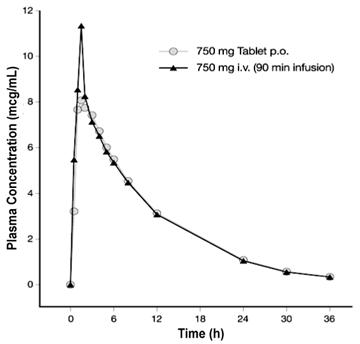 Figure 2: Mean Levofloxacin Plasma Concentration vs. Time Profile: 750 mg