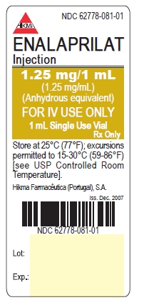 NDC 62778-081-01 ENALAPRILAT Injection 1.25 mg/1 mL (1.25 mg/mL) (Anhydrous equivalent) FOR IV USE ONLY 1 mL Single Use Vial Rx Only