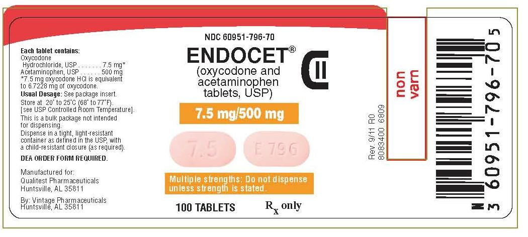 This is an image of the label Percocet 7.5 mg/500 mg 100 count.