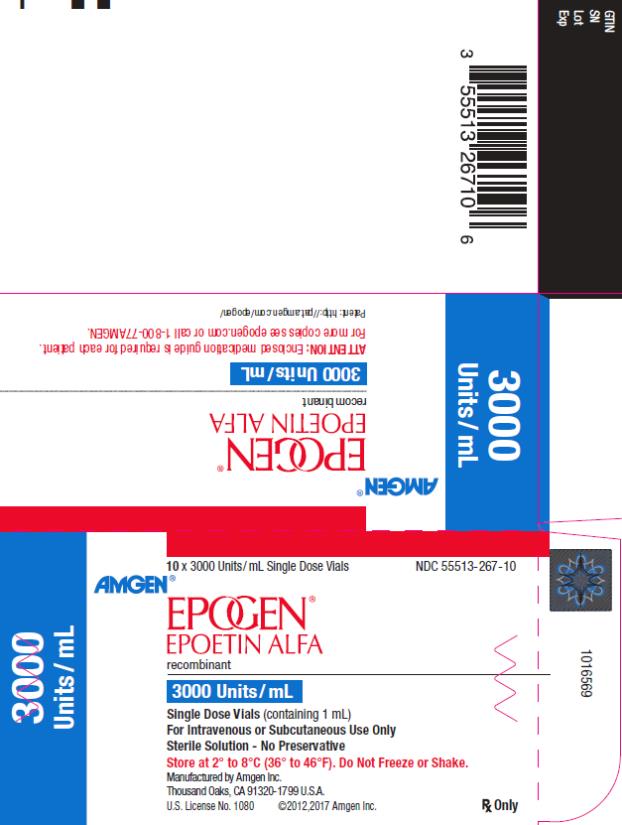 PRINCIPAL DISPLAY PANEL
NDC 55513-267-10
10 x 3000 Units/mL Single Dose Vials
AMGEN®
EPOGEN®
EPOETIN ALFA
recombinant
3000 Units/mL
3000 Units/mL
Single Dose Vials (containing 1 mL)
For Intravenous or Subcutaneous Use Only
Sterile Solution – No Preservative
Store at 2˚ to 8˚C (36˚ to 46˚F).  Do Not Freeze or Shake.
Manufactured by Amgen Inc.
Thousand Oaks, CA 91320-1799 U.S.A.
U.S. License No. 1080
©2012,2017 Amgen Inc.
Rx Only
