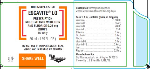 PRINCIPAL DISPLAY PANEL - 50 mL Bottle Label
NDC 58809-877-50
ESCAVITE® LQ
PRESCRIPTION
MULTI-VITAMIN WITH IRON
AND FLUORIDE 0.25 mg
DROPS
Rx Only
50 mL (1.69 FL. OZ.)