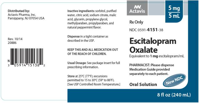 PRINCIPAL DISPLAY PANEL
Rx Only
NDC 0591-4151-38
Escitalopram
Oxalate
Equivalent to 1 mg escitalopram/mL
Oral Solution
8 fl oz (240 mL)