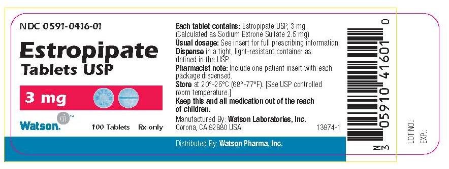 NDC 0591-0416-01 Estropipate Tablets USP 3 mg Watson® 100 Tablets Rx only